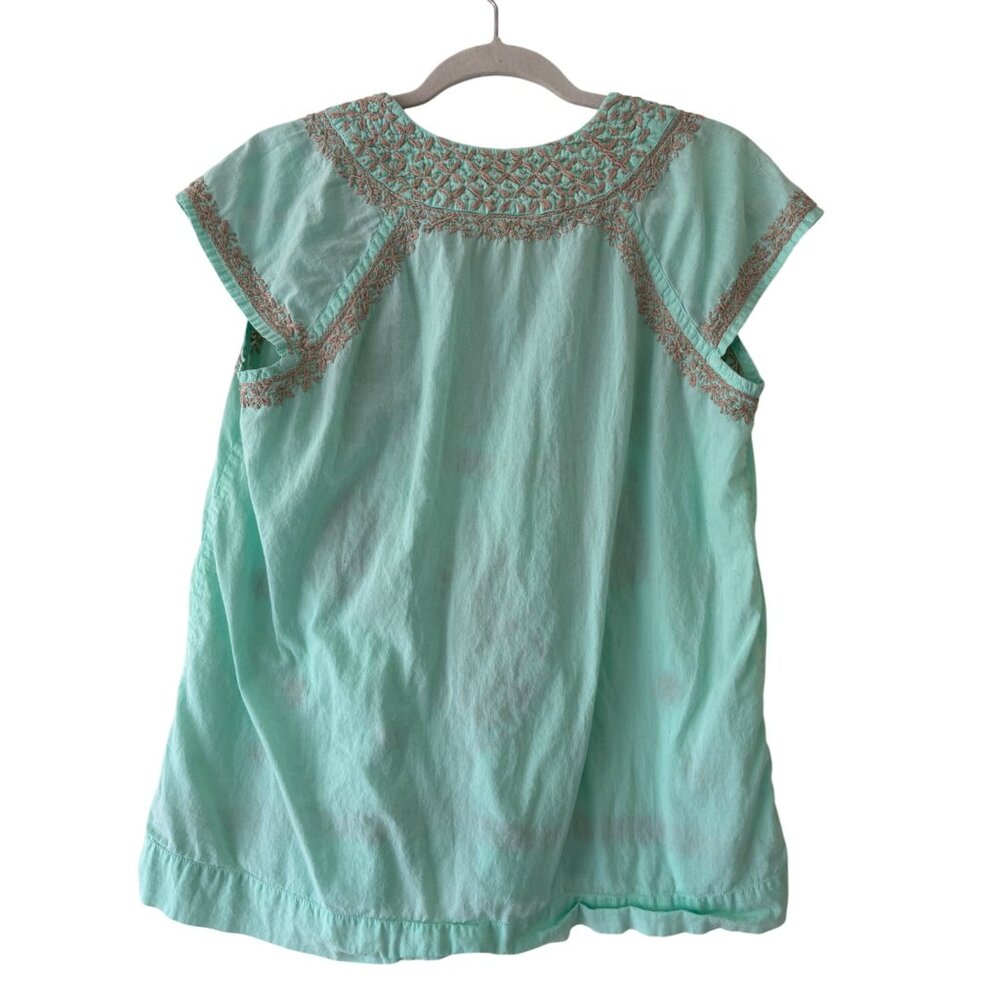 Roller Rabbit Embroidered Tunic Top V-Neck Short Sleeve Aqua Tan M - Picture 3 of 13